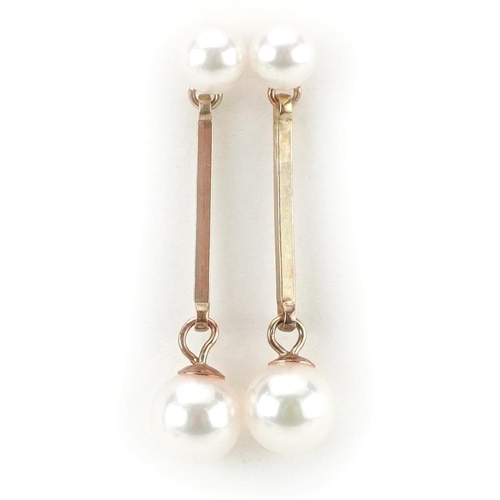 2275 - Pair of 9ct gold pearl drop earrings housed in a Mikimoto Pearl box, 2.6cm high, 1.6g