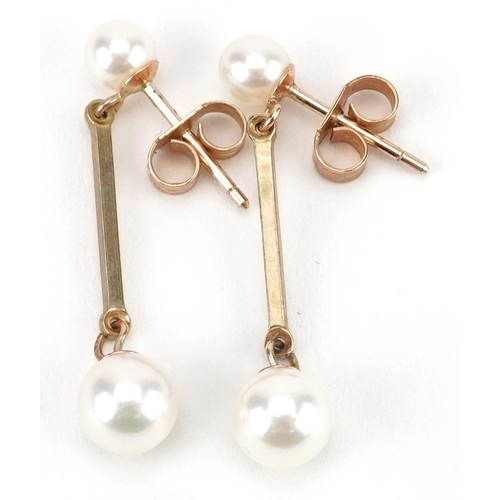 2275 - Pair of 9ct gold pearl drop earrings housed in a Mikimoto Pearl box, 2.6cm high, 1.6g