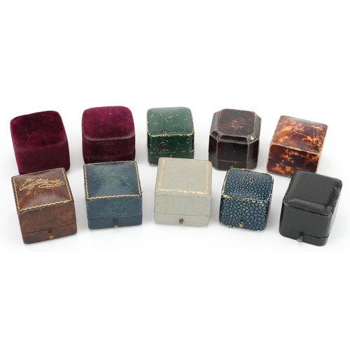 2753 - Ten 19th century and later jeweller's ring boxes with velvet and silk lined interiors including F T ... 