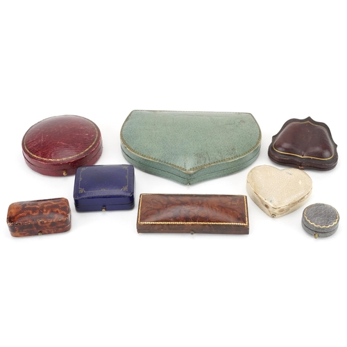 2754 - Eight 19th century and later jeweller's jewellery boxes, some tooled leather, including Horn & Peter... 