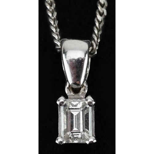 2180 - 18ct white gold baguette cut diamond pendant on an 18ct white gold necklace, the diamond approximate... 