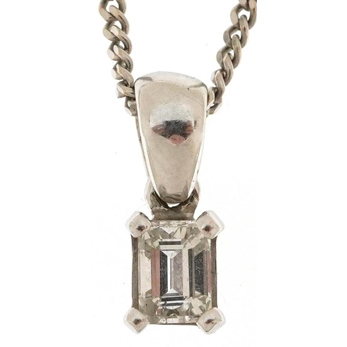 2180 - 18ct white gold baguette cut diamond pendant on an 18ct white gold necklace, the diamond approximate... 