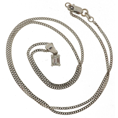 2180 - 18ct white gold baguette cut diamond pendant on an 18ct white gold necklace, the diamond approximate... 