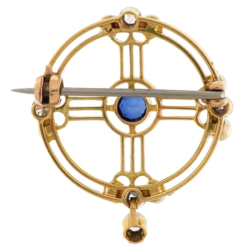 2078 - Art Deco unmarked two tone gold brooch set with five diamonds, sapphire and six seed pearls, the dia... 