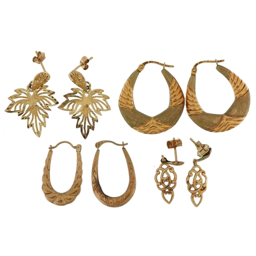 2667 - Four pairs of 9ct gold earrings including two pairs of embossed hoops, the largest 2.6cm high, total... 