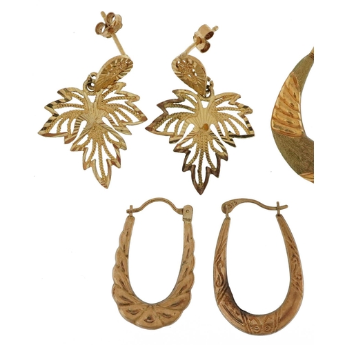 2667 - Four pairs of 9ct gold earrings including two pairs of embossed hoops, the largest 2.6cm high, total... 