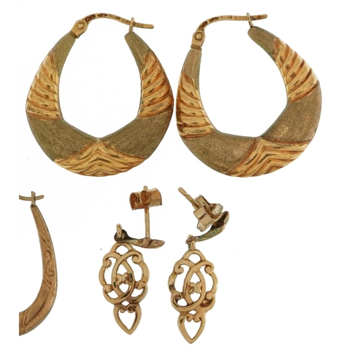 2667 - Four pairs of 9ct gold earrings including two pairs of embossed hoops, the largest 2.6cm high, total... 