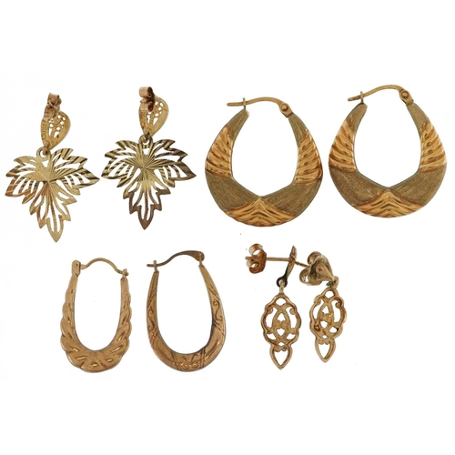 2667 - Four pairs of 9ct gold earrings including two pairs of embossed hoops, the largest 2.6cm high, total... 