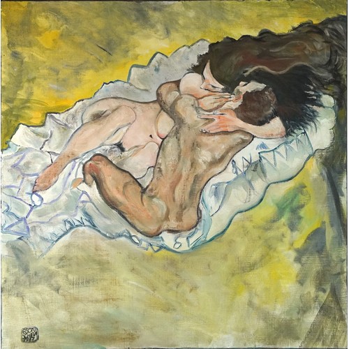 1220 - Clive Fredriksson after Egon Schiele - Nude lovers, contemporary oil on canvas, unframed, 100.5cm x ... 