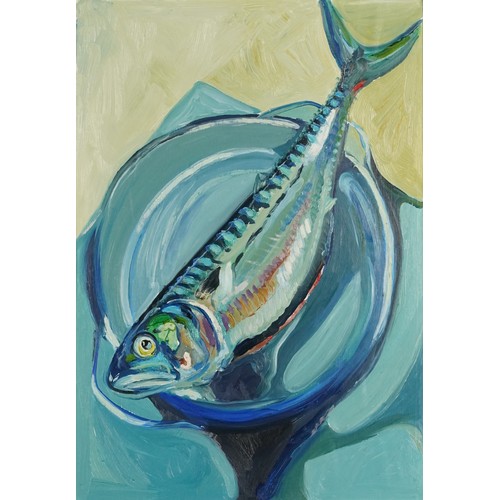 310 - Clive Fredriksson - Still life with fish, contemporary oil on board, mounted and framed, 42cm x 30.5... 