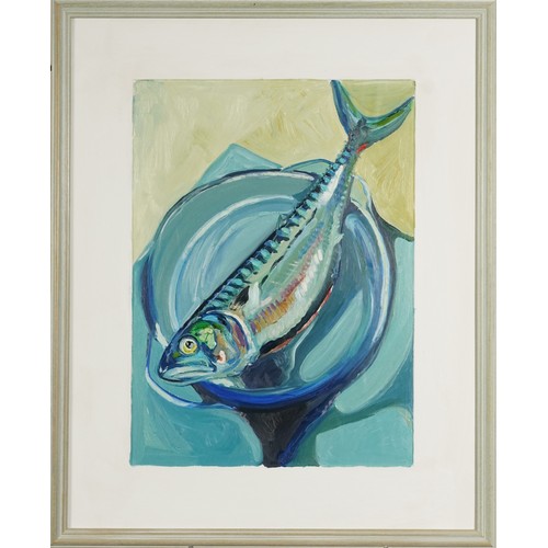 310 - Clive Fredriksson - Still life with fish, contemporary oil on board, mounted and framed, 42cm x 30.5... 