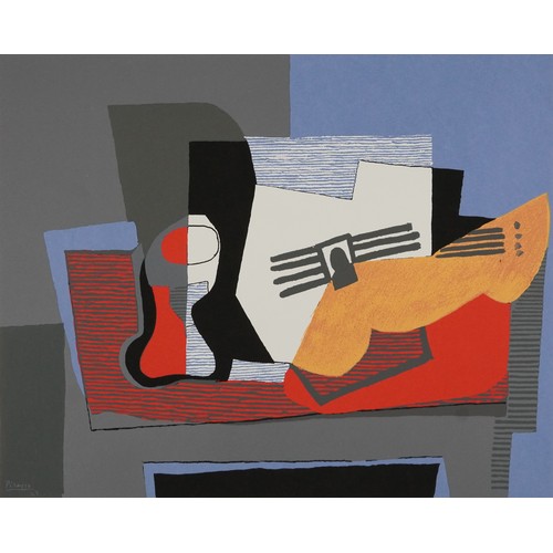 699 - After Pablo Picasso - Still life with guitar, lithograph in colour, unframed, 87.5cm x 73.5cm