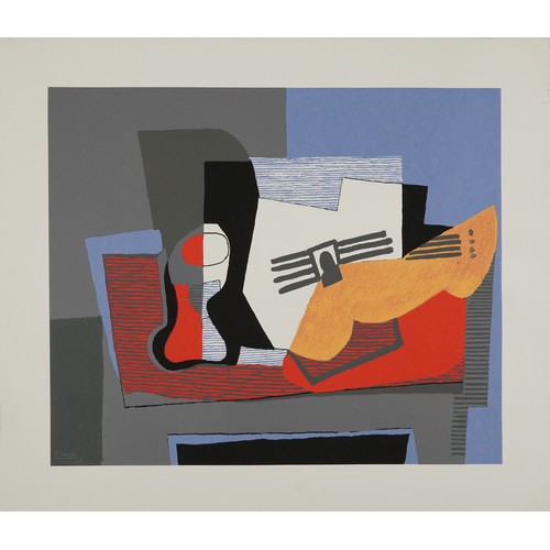 699 - After Pablo Picasso - Still life with guitar, lithograph in colour, unframed, 87.5cm x 73.5cm