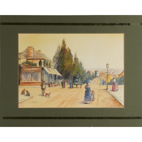 1471 - J Hodder - Victorian street scene, watercolour on card, mounted, unframed, 51.5cm x 36.5cm excluding... 