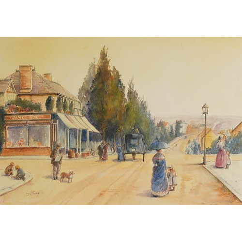 1471 - J Hodder - Victorian street scene, watercolour on card, mounted, unframed, 51.5cm x 36.5cm excluding... 