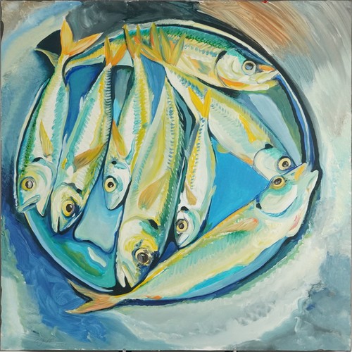 367 - Clive Fredriksson - Fish study, contemporary oil on canvas, unframed 66.5cm x 66.5cm