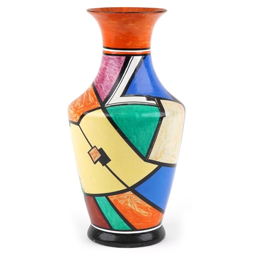 1489 - Art Deco style porcelain vase hand painted with geometric motifs in the manner of Clarice Cliff, ins... 