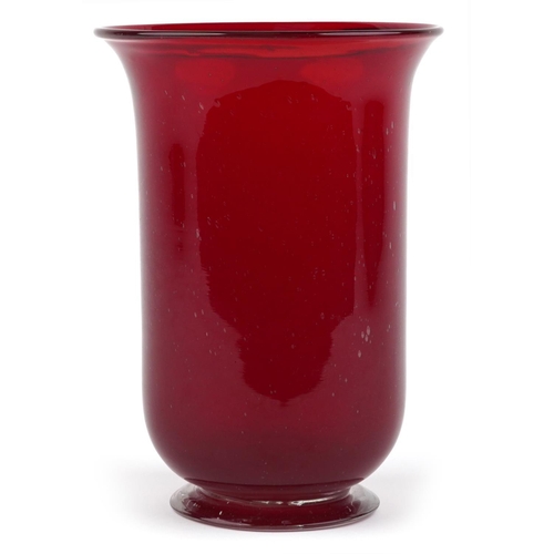 1487 - Hand blown red art glass vase with internal bubbles, 27cm high