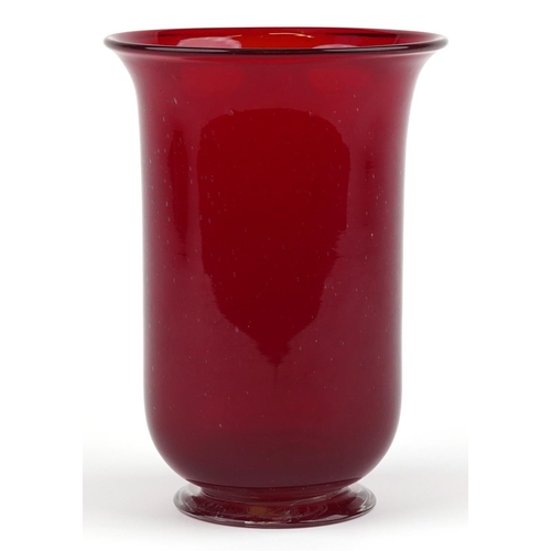 1487 - Hand blown red art glass vase with internal bubbles, 27cm high