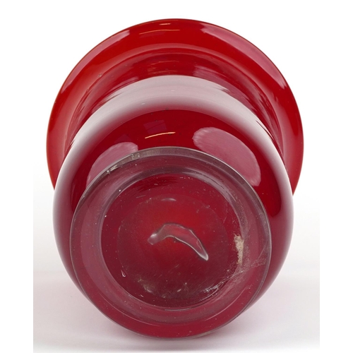 1487 - Hand blown red art glass vase with internal bubbles, 27cm high