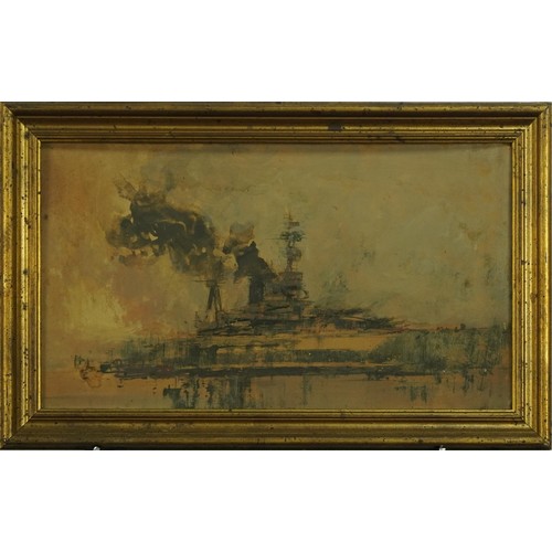 157 - Manner of William Walcott - Warship, naval interest Impressionist watercolour on card, inscribed ver... 