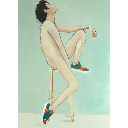 1051 - Clive Fredriksson - Nude boy on a stool, contemporary oil, mounted, framed and glazed, 89.5cm x 65cm... 