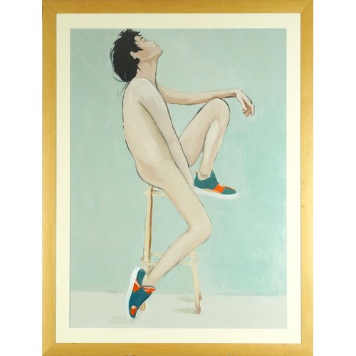 1051 - Clive Fredriksson - Nude boy on a stool, contemporary oil, mounted, framed and glazed, 89.5cm x 65cm... 