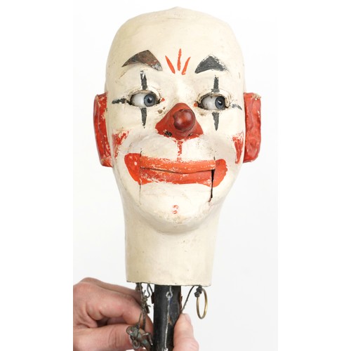 1369 - Early 20th century ventriloquist's mechanical dummy head with glass beaded eyes, 43cm high