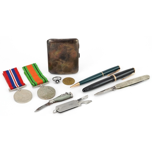 614 - Sundry items including two World War II medals, silver cigarette case, Parker Duofold fountain pen w... 