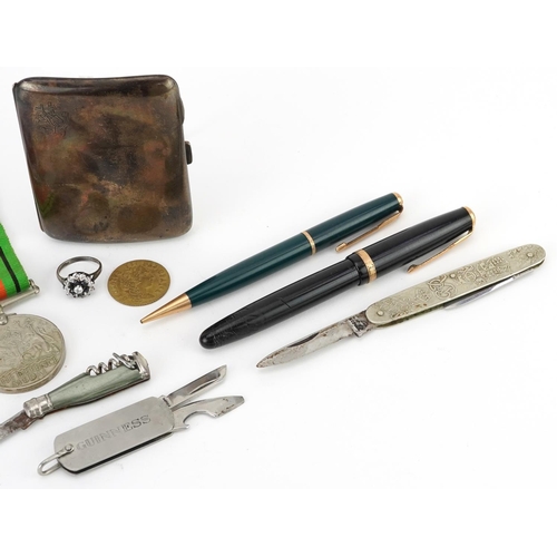 614 - Sundry items including two World War II medals, silver cigarette case, Parker Duofold fountain pen w... 