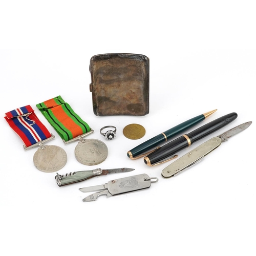 614 - Sundry items including two World War II medals, silver cigarette case, Parker Duofold fountain pen w... 