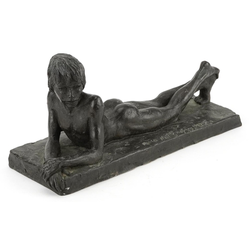 97 - Neil Godfrey 1987, 1980s cold cast bronze statue of a nude young boy, 27cm in length