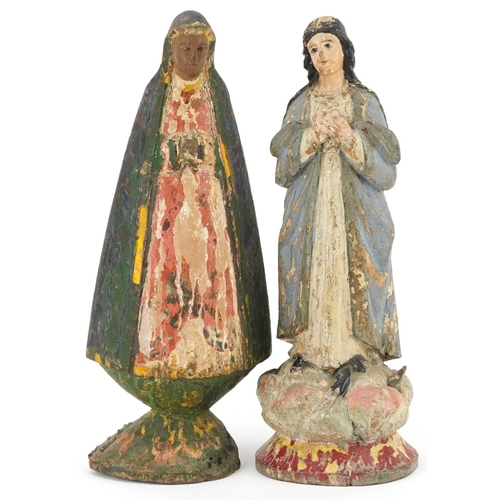 211 - Two antique Spanish Colonial school painted carved wood figures including one of Virgin Mary, the la... 