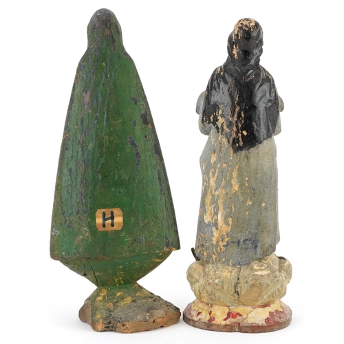 211 - Two antique Spanish Colonial school painted carved wood figures including one of Virgin Mary, the la... 