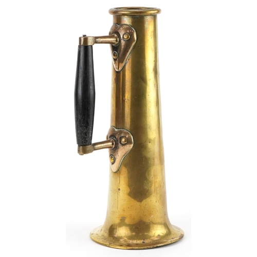 350 - Art Nouveau military interest trench art shell jug with ebonised handle impressed SP555, 29.5cm high