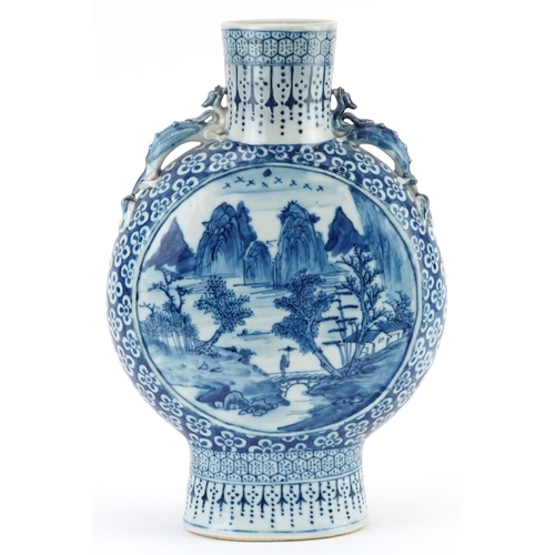  Large Chinese blue and white porcelain moon flask with animalia handles hand painted with panels of ... 