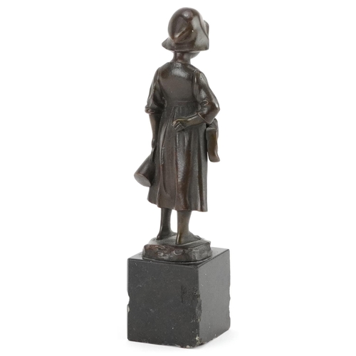 181 - 19th century patinated bronze statuette of a young girl holding a jug and pair of clogs raised on a ... 