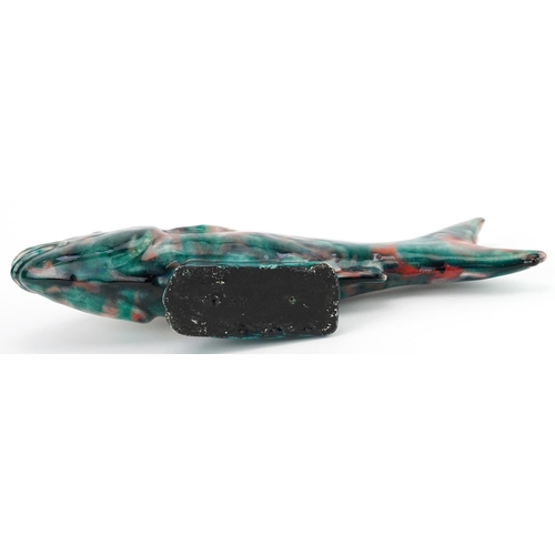 5 - Katie Malone, large mid century style pottery fish having a mottled green, blue and red glaze, impre... 