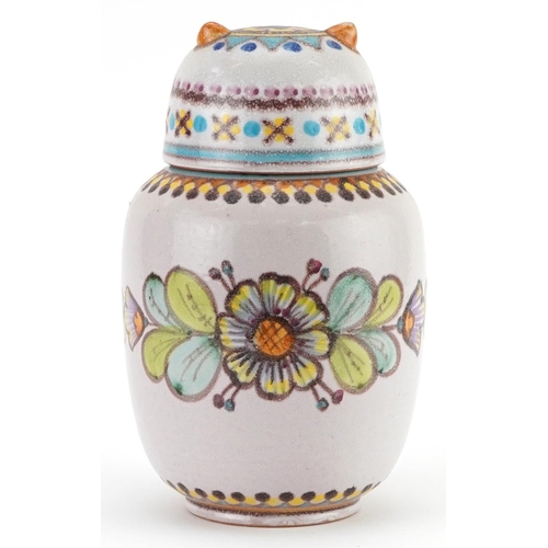 114 - V Pinto Vietri, mid century Italian jar and cover in the form of an owl hand painted with stylised f... 