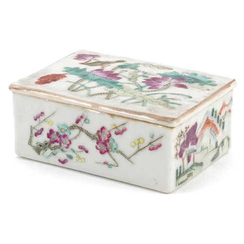 286 - Chinese porcelain box and cover hand painted in the famille rose palette with flowers and landscapes... 