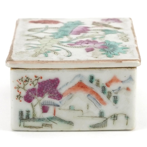 286 - Chinese porcelain box and cover hand painted in the famille rose palette with flowers and landscapes... 