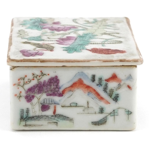 286 - Chinese porcelain box and cover hand painted in the famille rose palette with flowers and landscapes... 