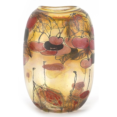 1338 - Vera Walther, German art glass vase decorated with cherries, with label, 16cm high