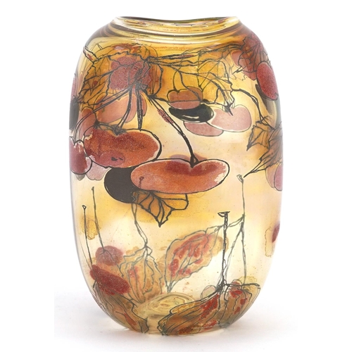 1338 - Vera Walther, German art glass vase decorated with cherries, with label, 16cm high