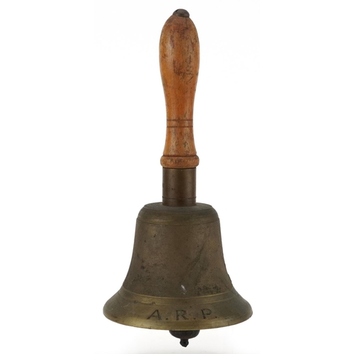  British military ARP Civil Defence bell with turned wooden handle, 26.5cm high
