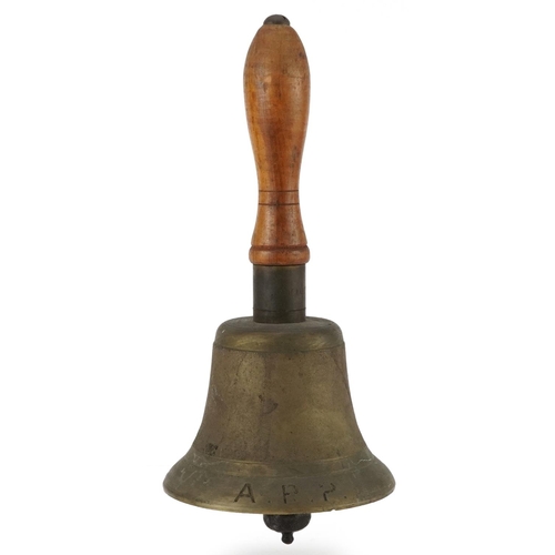 644 - British military ARP Civil Defence bell with turned wooden handle, 26.5cm high