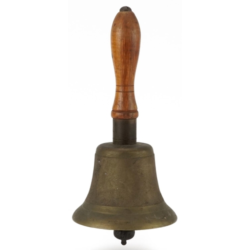 644 - British military ARP Civil Defence bell with turned wooden handle, 26.5cm high