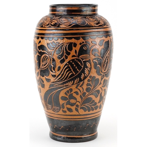 411 - Large European porcelain vase incised with a stylised bird amongst foliage, incised Kiss Mihhly Koro... 