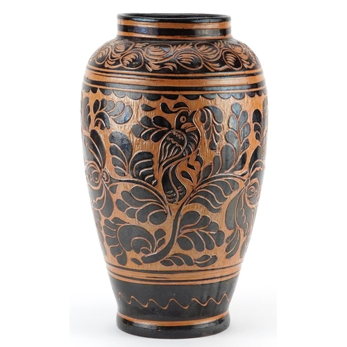 411 - Large European porcelain vase incised with a stylised bird amongst foliage, incised Kiss Mihhly Koro... 