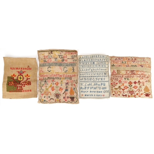 436 - Four Victorian and later needlework samplers including an example worked by Mary Bowman, the largest... 